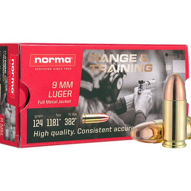 Norma Range and Training 9mm 124 Grain FMJ Handgun Ammo - 50 Rounds - 620340050