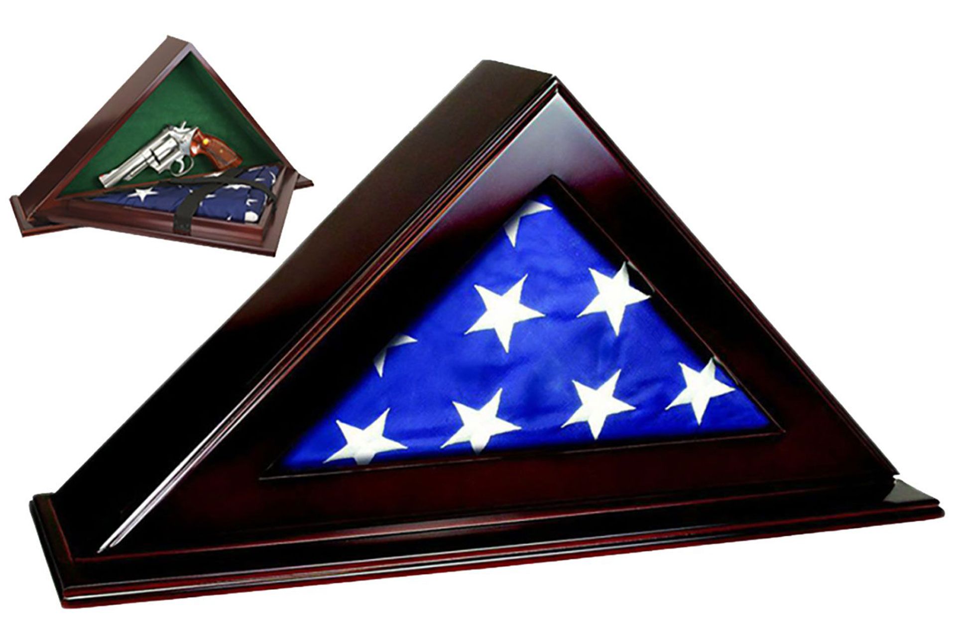 Peace Keeper PFC Patriot Flag Case Key Entry Mahogany Stain Wood Holds 1 Handgun 22" W x 4.25" D x 11.50" H - 98494