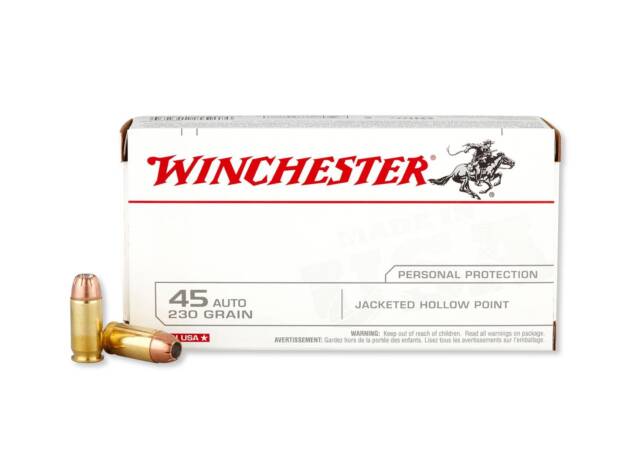 Winchester USA USA45JHP 45 ACP Auto 230 Grain Jacketed Hollow Point Handgun Ammo - 50 round box - USA45JHP