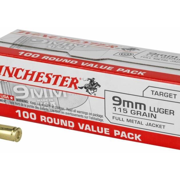 Winchester Ammunition USA 9MM 115 Grain Full Metal Jacket Handgun Ammo - 100 Rounds - WNUSA9MMVPY