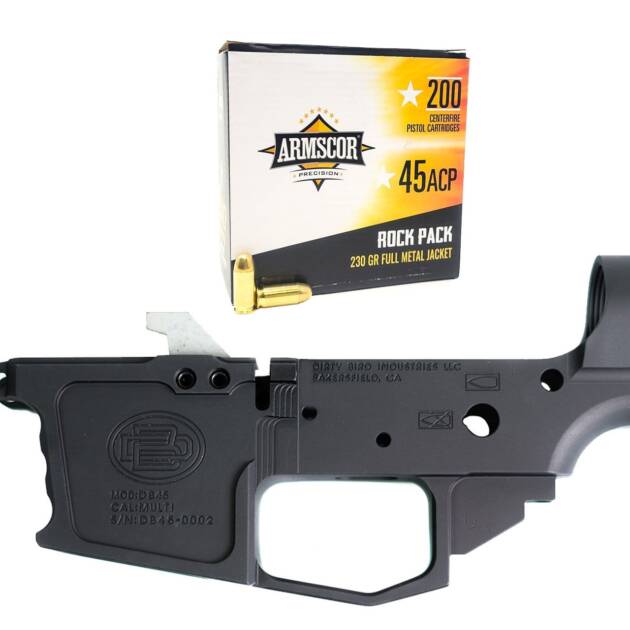 Dirty Bird DB45 AR-45 Stripped Billet Lower Receiver + 200rds of Armscor Precision 230GR FMJ 45 ACP