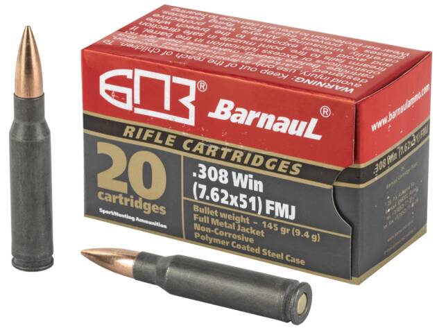 Barnaul Ammunition 308 Winchester 145Gr Full Metal Jacket Steel Polycoated Case Rifle Ammo - 20 Rounds - 81155