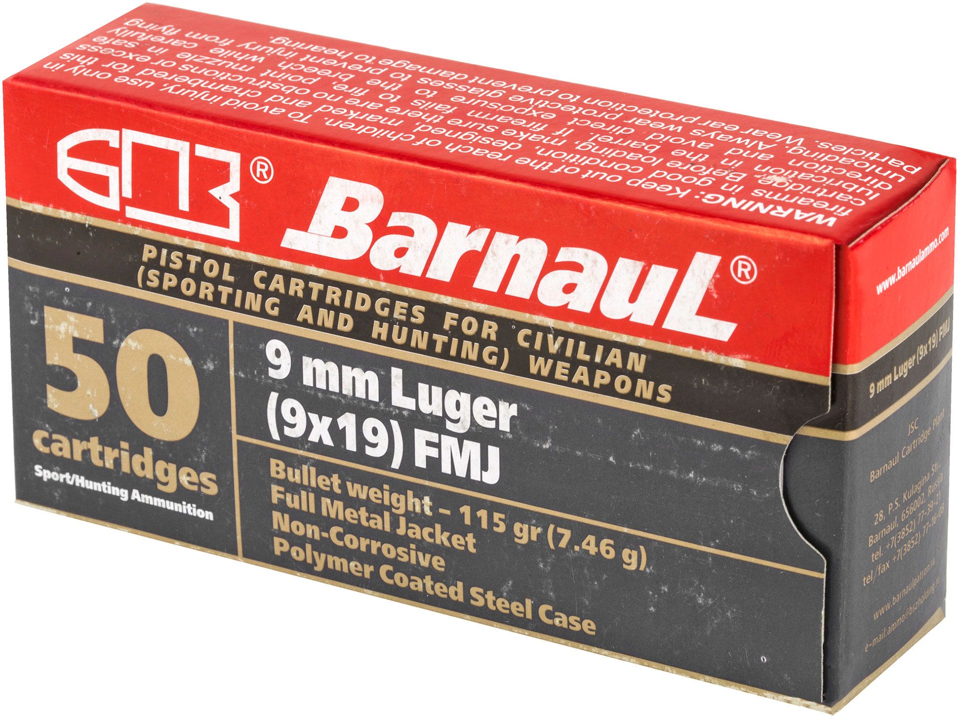 Barnaul Ammunition 9MM 115Gr Full Metal Jacket Steel Polycoated Case Handgun Ammo - 50 Rounds - MKSBRN9MMLUGERFMJ115 - Image 2