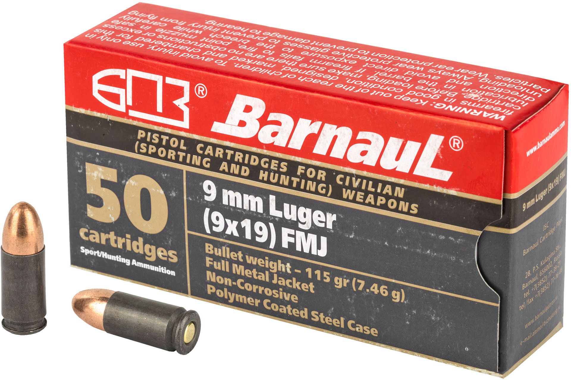 Barnaul Ammunition 9MM 115Gr Full Metal Jacket Steel Polycoated Case Handgun Ammo - 50 Rounds - MKSBRN9MMLUGERFMJ115