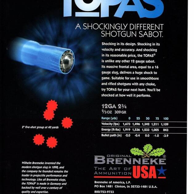 Brenneke SL122TOP TOPAS 12 Gauge 2.75" 2/3 oz/309 gr 1673 fps Sabot Slug Shot Shotgun Ammo - 5 Rounds - 101513