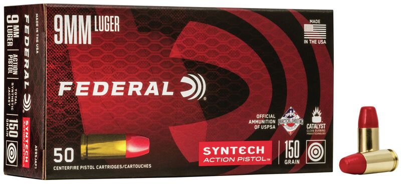 Federal AE9SJAP1 American Eagle 9mm Luger 150 gr Total Syntech Jacket Flat Nose (TSJFN) Handgun Ammo - 50 Rounds - AE9SJAP1
