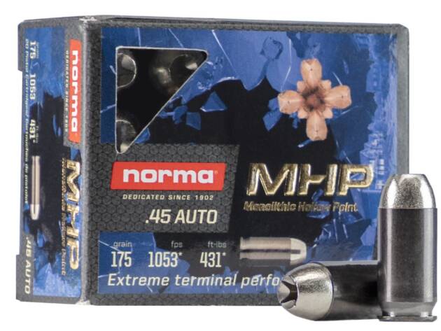 Norma Home Defense MHP Ammunition 45 ACP 175 Grain Solid Hollow Point Ammo - Handgun Ammo - 20 Rounds - 245720020