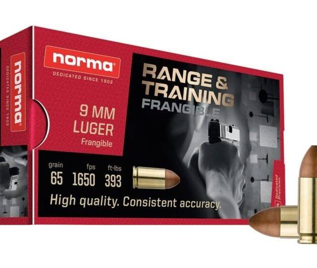 Norma 9mm Luger - 65gr - Frangible - Norma Range & Training Handgun Ammo - 50 Rounds - 630140050