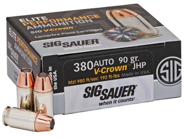 Sig Sauer 380 Auto 90Gr V-Crown JHP Ammunition Handgun Ammo - 50 Rounds - E380A1-50