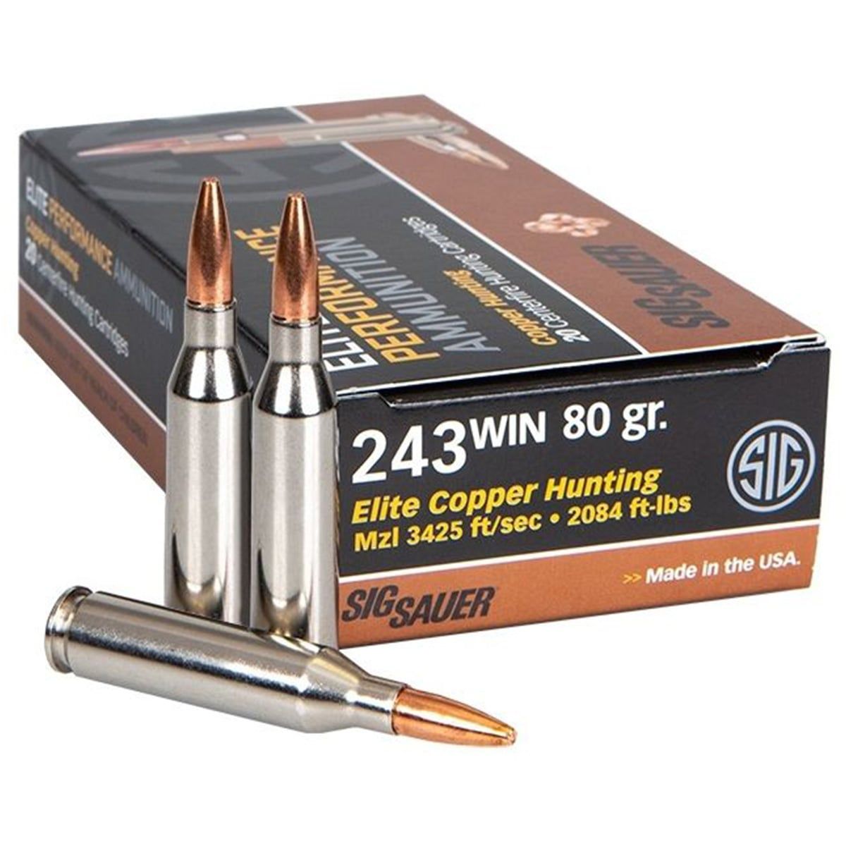 SIG Sauer Ammo 243 Win 80Gr Elite Series Solid Copper Projectile Rifle Ammo - 20 Rounds - E243H1-20