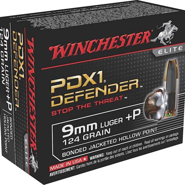 Winchester Ammunition Defender 9MM +P 124 Grain PDX1 Bonded Jacketed Hollow Point Handgun Ammo - 20 Rounds - WNS9MMPDB