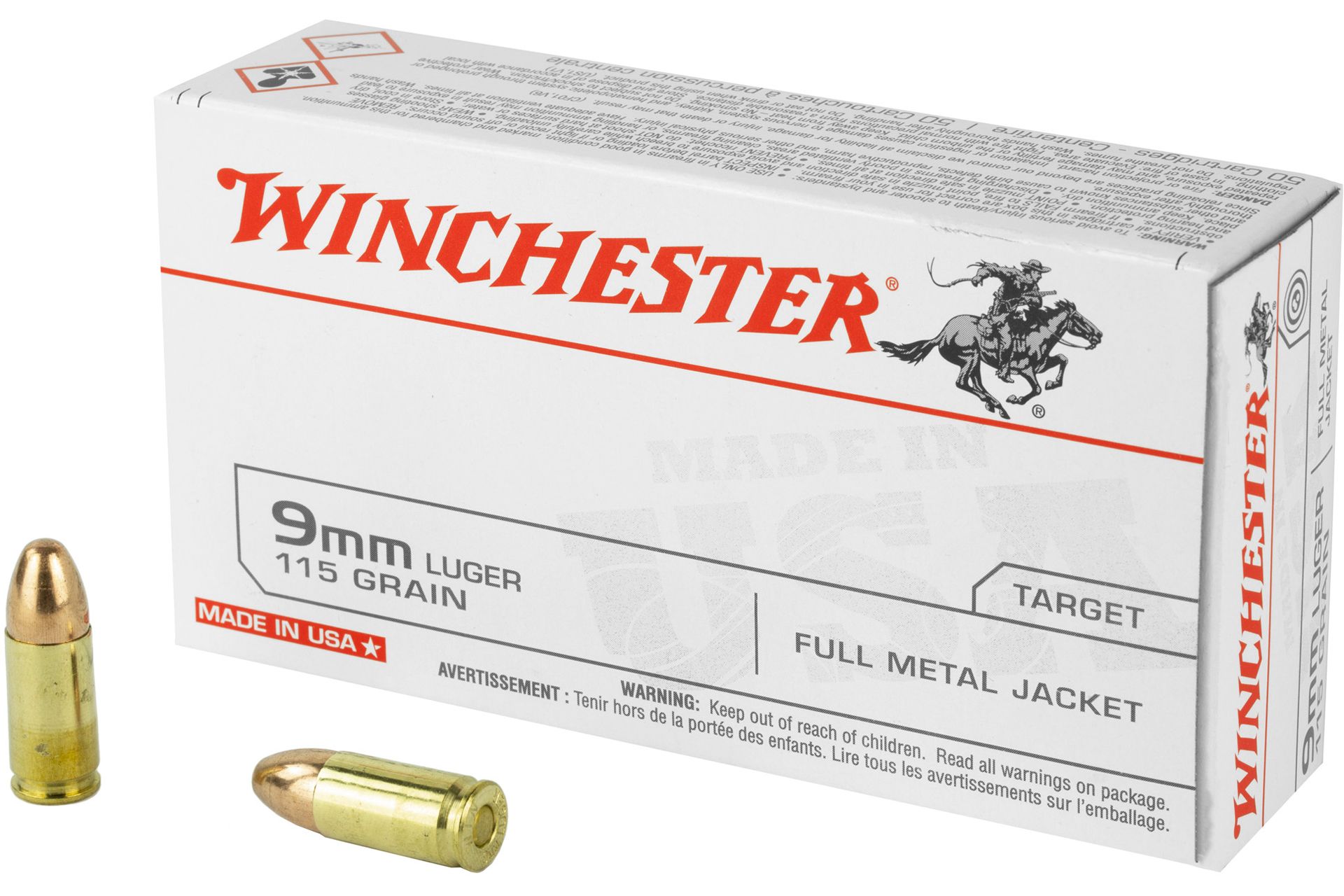 Winchester Ammunition USA 9MM 115 Grain Full Metal Jacket Handgun Ammo - 50 Rounds - WNQ4172BX