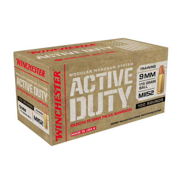 Winchester Ammo WIN9MHSC Active Duty Mil-Spec 9mm Luger 115 gr Full Metal Jacket Flat Nose (FMJFN) Handgun Ammo - 100 Rounds - WIN9MHSC