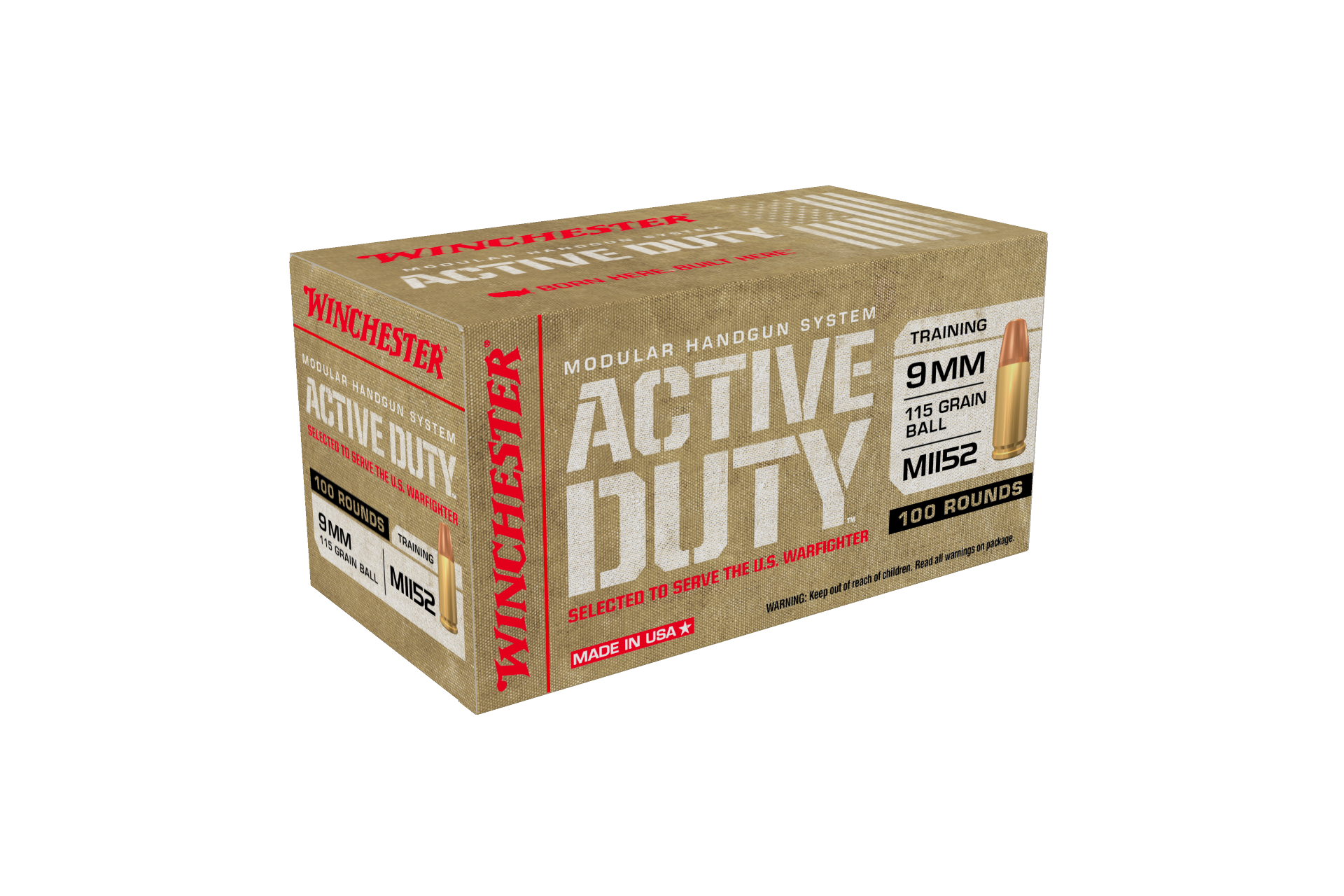 Winchester Ammo WIN9MHSC Active Duty Mil-Spec 9mm Luger 115 gr Full Metal Jacket Flat Nose (FMJFN) Handgun Ammo - 100 Rounds - WIN9MHSC