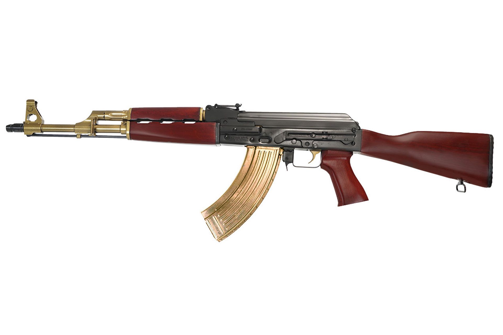 Zastava Zpapm70 16.3" 7.62X39 30rd Semi Auto Rifle Cerakoted Black Receiver Gold Cerakoted Barrel Trigger And Magazine Buldged Trunnion 1.5mm Receiver Chrome Lined Barrel Serbian Red Furniture - ZR7762CBG - Image 2